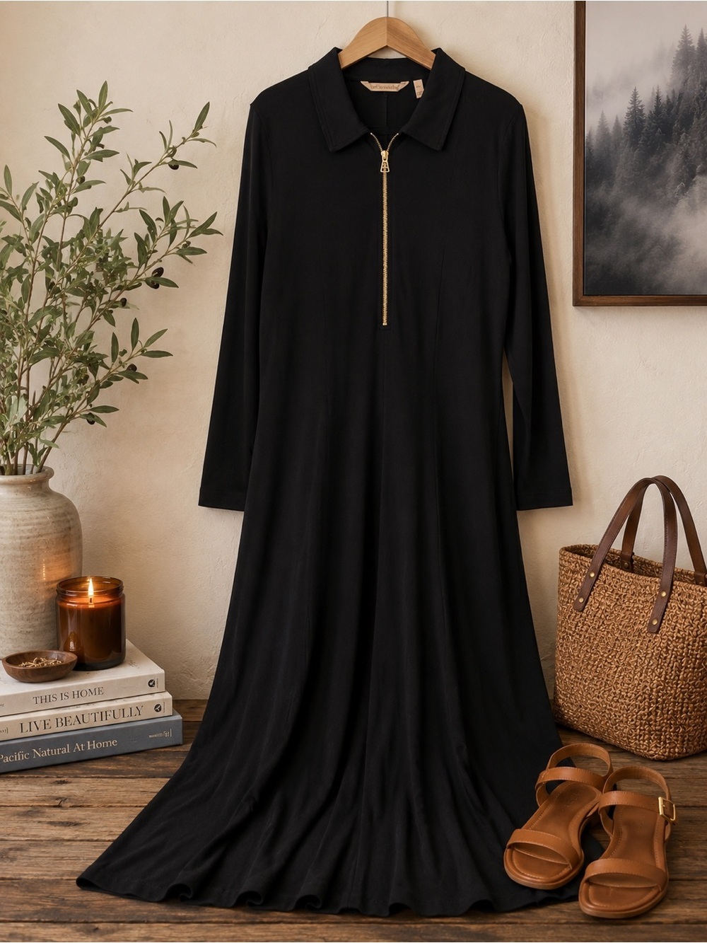 Soft Surroundings PXL Black Maxi Dress Gold Zipper